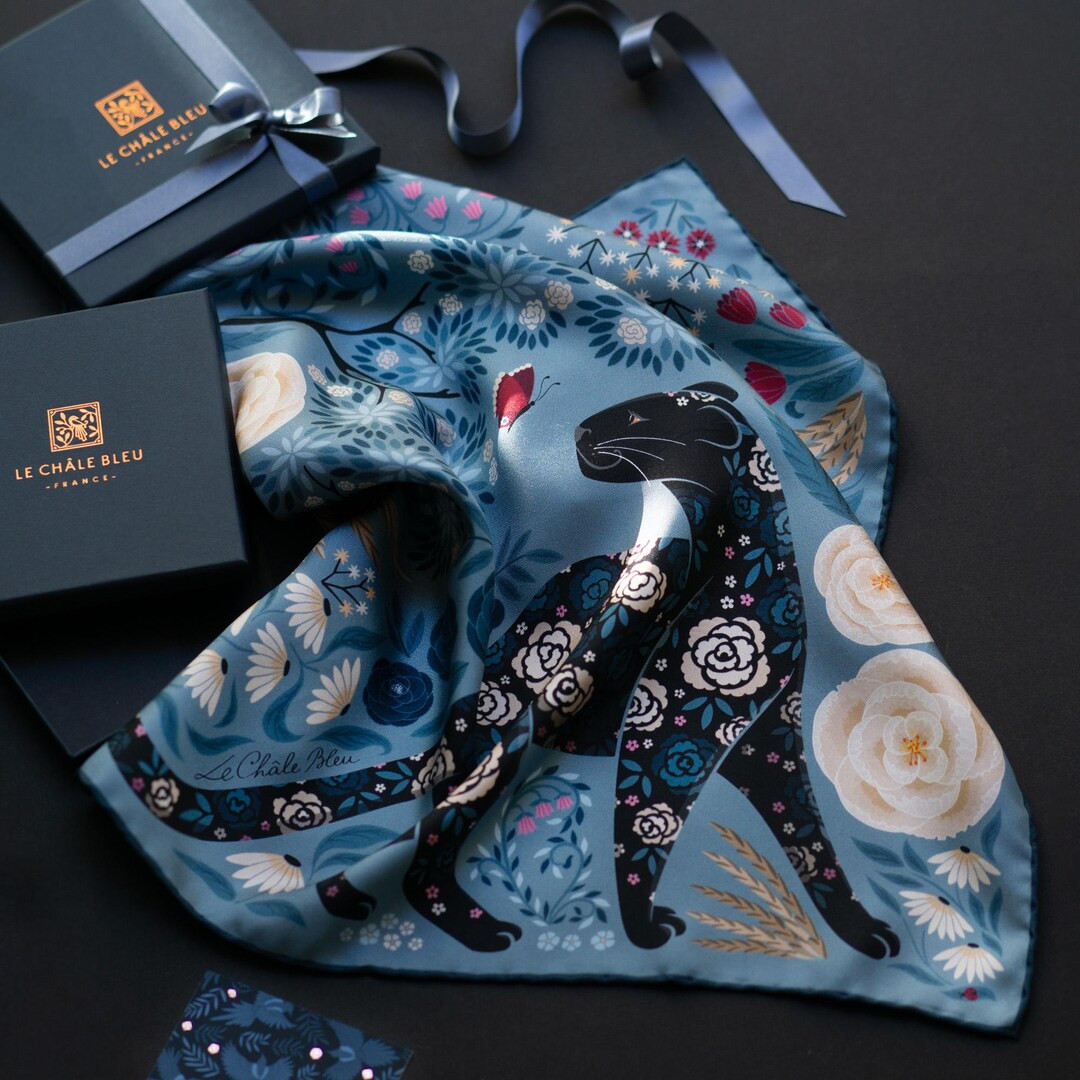 Mulberry Silk Bandana Scarf the Panther and the Artist, Bluish Gray. Printed Original Design Le C... | Etsy (US)