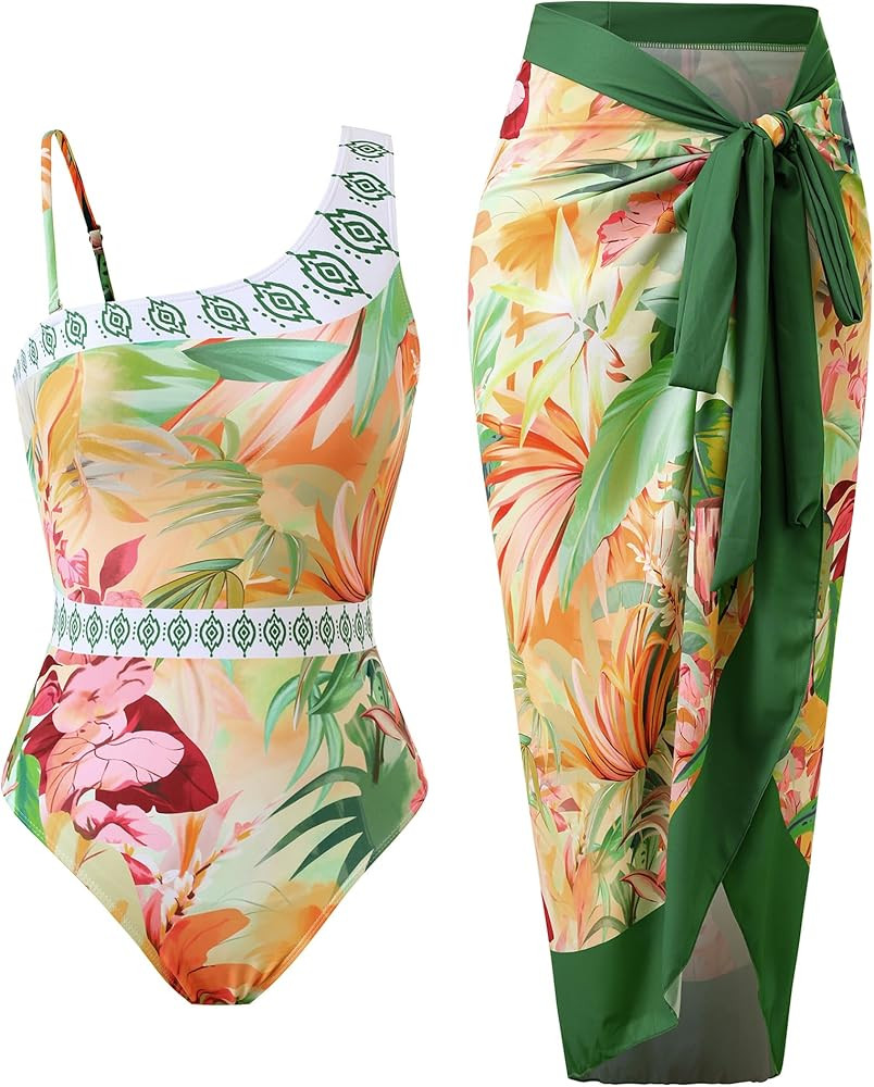 Women\u2019s One Piece Swimsuit with Cover Up Set, One Shoulder Two Piece Bathing Suits with Wrap... | Amazon (US)