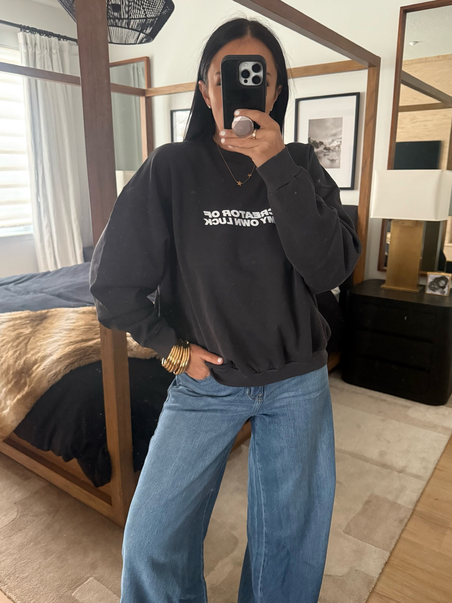 Z1975 MID-RISE PALAZZO JEANS wearing size 27. WASHED EFFECT LETTER SWEATSHIRT wearing size small. Nike Dunk Low
