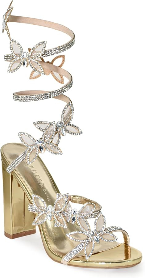 Wild Diva Women's Morris-581 Rhinestone Butterfly Detail Spiral Coil Wrap Around Chunk Heel | Amazon (US)