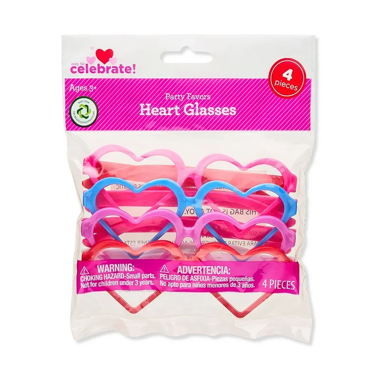 Heart Glasses Party Favors, Multicolor, 4 Count, Valentine's Day by Way To Celebrate | Walmart (US)