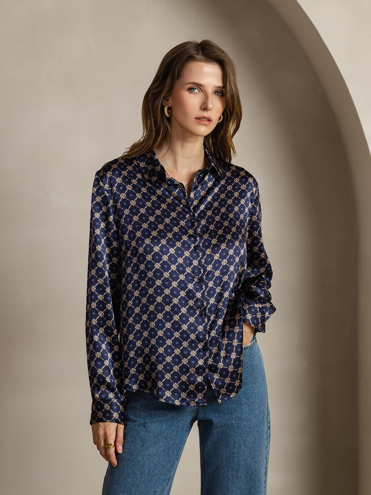 19Momme Silk Long Sleeve Lapel Collar Women's Shirt with Button Up Design | SilkSilky