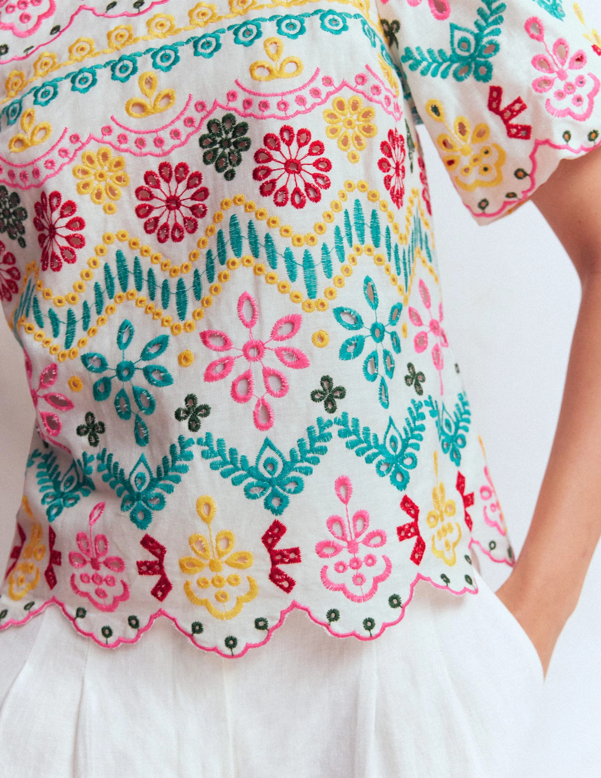 Linen Puff Sleeve Top-Multi Broderie | Boden (US)