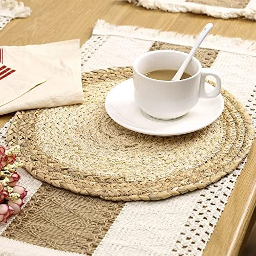 Zology Handmade Boho Placemats Set of 4 - Natural Cotton Burlap and Water Straw Woven Combination Ta | Amazon (CA)
