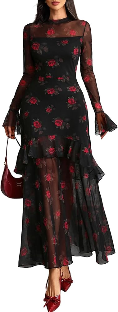 GothDark Womens Floral Maxi Dress Sheer Mesh Bell Sleeve Tiered Ruffle Gothic Romantic Casual Lon... | Amazon (US)