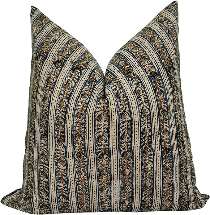 Decorative Handmade Floral Dot Stripe Block Print Pillow Cover in Beige, Blue and Mustard for Hom... | Amazon (US)