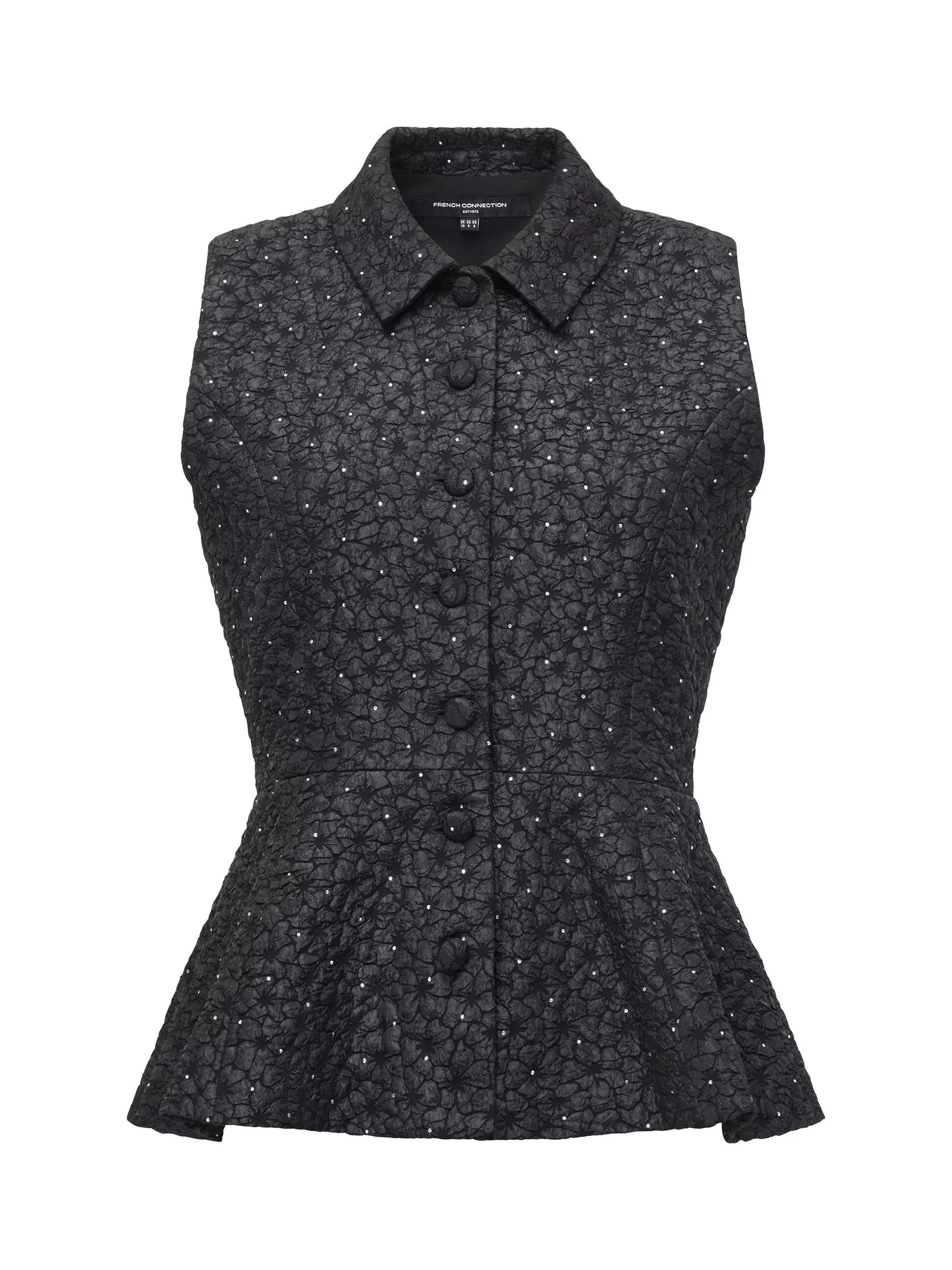 French Connection Yelena Jaquard Diamante Peplum Waistcoat, Black | John Lewis (UK)