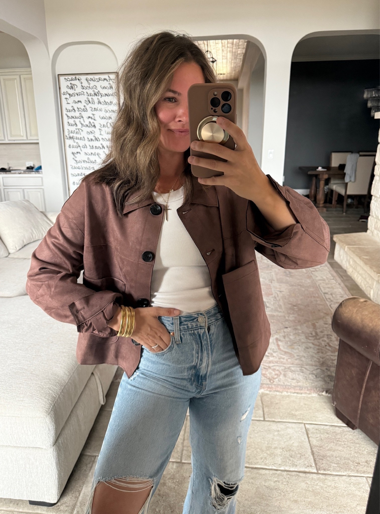 Wait until you see what I found at Target!! 🤎 This chocolate brown faux suede jacket looks like something you’d find at a much more expensive store. The collar, buttons, and boxy fit are SO good with denim!

Target jacket, faux suede jacket, chocolate brown jacket, Target fall finds, fall fashion, suede shirt jacket, brown fall outfit, Target style, designer inspired fashion, fall layering, affordable fall fashion, JulieFranks