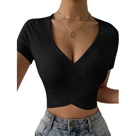 VSNOW Women V Neck Wrap Crop Tops Casual Short Sleeve Solid Blouse T-shirt | Walmart (US)