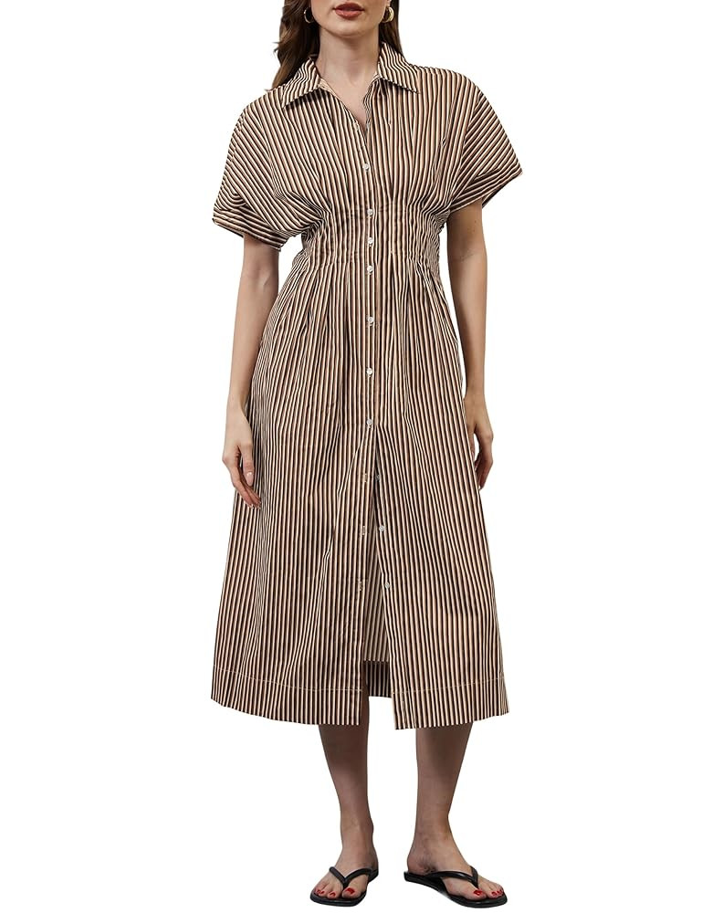 Women Button Front Pleated Shirt Maxi Dress Summer Striped Prints Short Sleeve Collar Casual Long... | Amazon (US)