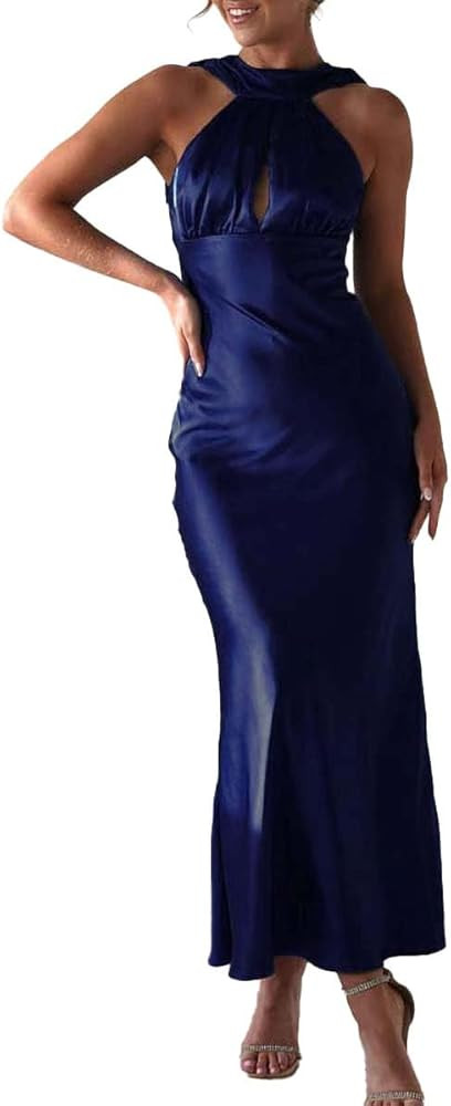 2024 Satin Cutout Halter Neck Midi Dress Silk Sexy Sleeveless Backless Empire Waist Formal Dresse... | Amazon (US)