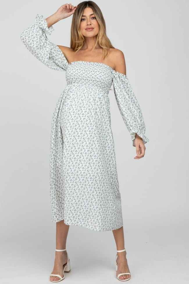 Blue Ditsy Floral Smocked Off Shoulder Maternity Dress | PinkBlush Maternity