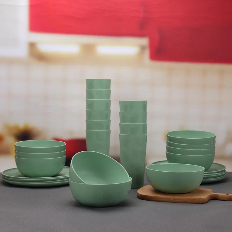 Mainstays 30-Piece Plastic Etched Pears Pattern Dinnerware Bundle Set, Green | Walmart (US)