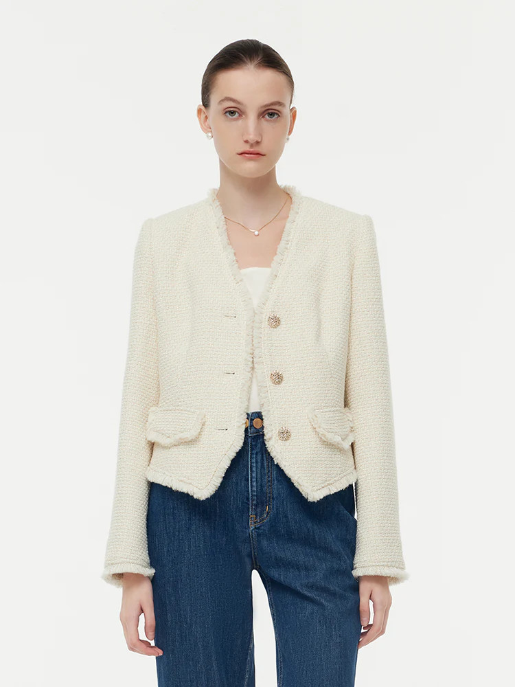 Wool Blend Tweed Fringe Women Crop Jacket | GOELIA