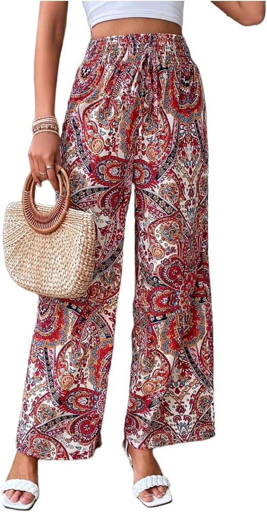 Paisley Flowy Flared Pants for Women Floral Print Pleated Elastic Waist Wide Leg Lounge Pants | Amazon (US)