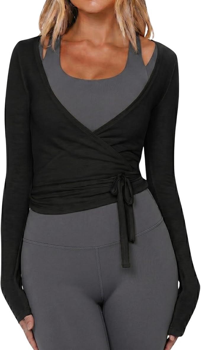 Women Wrap Top Long Sleeve Deep V Neck Cross Tie Workout Ballet Pilates Yoga Shirt | Amazon (US)