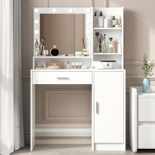 Palimder Vanity Desk with Mirror & Light, Large Drawer Three Level Storage Dresser, 3 Lighting Modes Adjustable Brightness, Bedroom Dressing Table | Amazon (US)