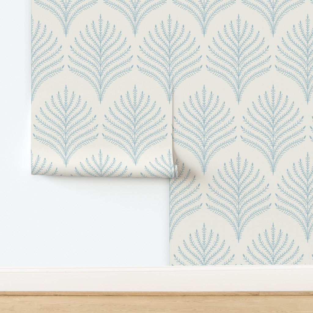 Wallpaper in Coastal Blue Botanical Leaves Large - bathroom walls - lake house | Spoonflower