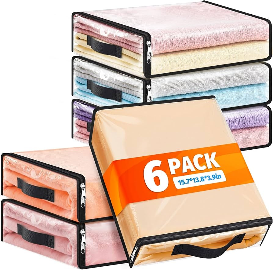 SpaceWhisper 6 Pack Clear Storage Bags, Plastic Blanket Storage Bags with Zipper and Handle, Movi... | Amazon (US)