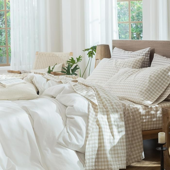 MooMee Gingham Sheet Set 100% Washed Cotton Linen-Like Deep Pocket Queen | Amazon (US)