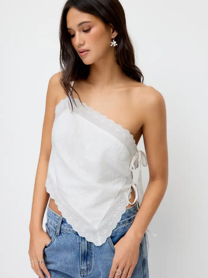 Cotton-blend Asymmetrical Embroidery Broderie Anglaise Trim Tie Side Split Cami Top | Cider