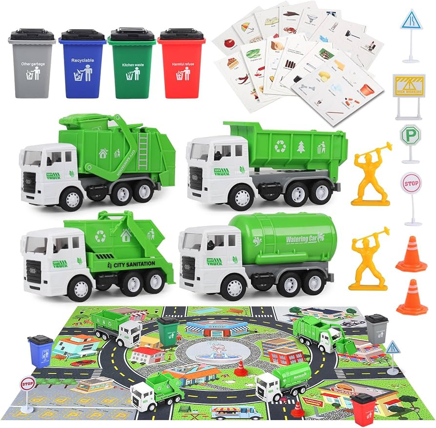 Garbage Truck Toys for Boys, 4 pcs 6" Friction Powered Trash Truck with Kids Playmat Car Rug, 8 p... | Amazon (US)