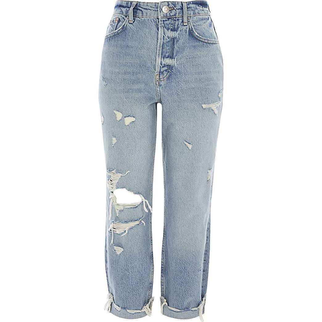 Petite mid blue ripped Mom high rise jeans | River Island (US)