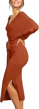 CHERFLY Women's V Neck Sweater Dresses Batwing Long Sleeve Backless Bodycon Dress with Belt | Amazon (US)
