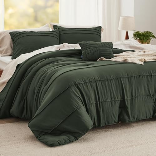 Bedsure Full Comforter Set - 4 Pieces Pinch Pleat Bed Set, Olive Green Boho Bedding for All Season, 1 Soft Comforter, 2 Pillowcases, 1 Decorative Pillow | Amazon (US)