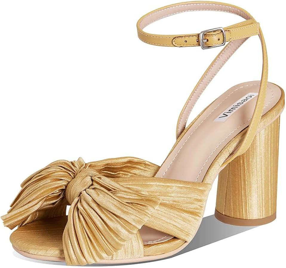 VIMISAOI Womens High Block Chunky Heel Sandals Fashion Open Toe Ankle Buckle Strap Pleated Bow He... | Amazon (US)