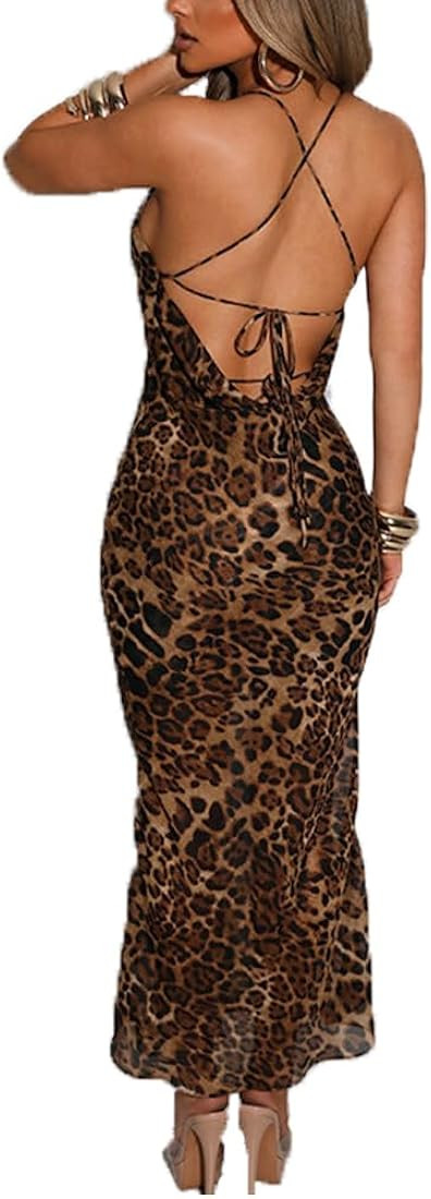 Women Backless Maxi Dress Sexy Sleeveless Leopard Cocktail Dresses Bodycon Spaghetti Strap Party ... | Amazon (US)