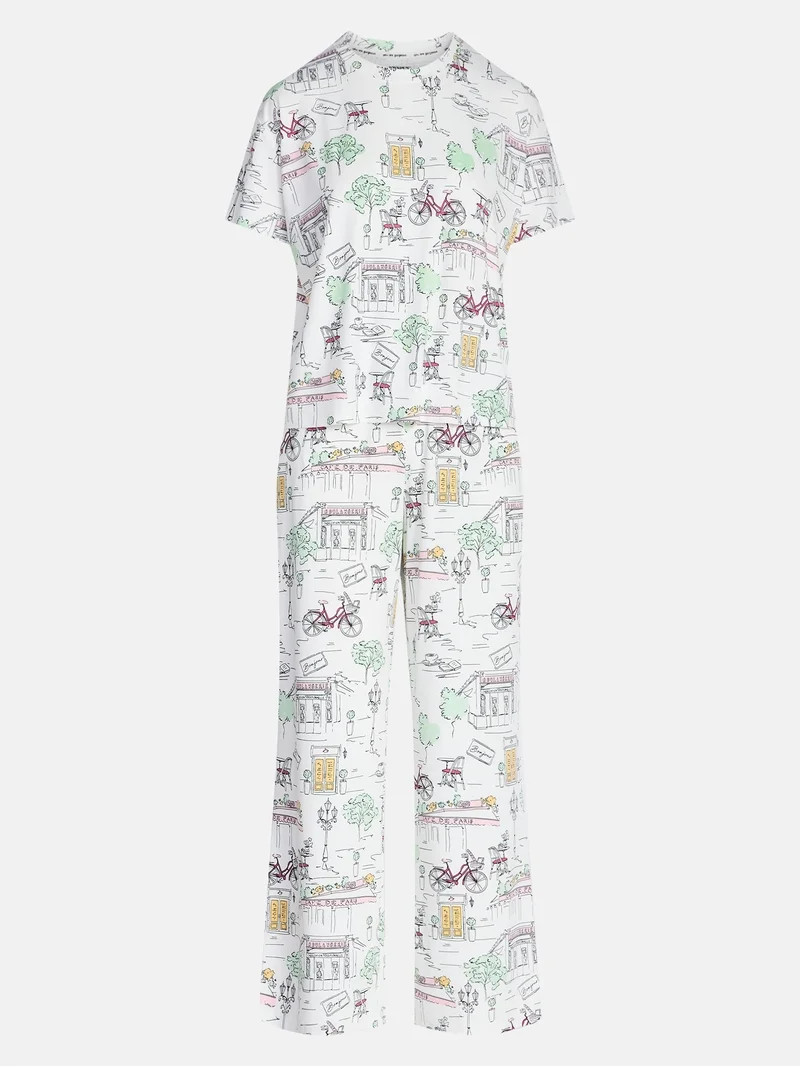 Joyspun Women's Dreamy Soft Collection Short Sleeve Sleep Top and Open Leg Pants Pajama Set, 2-Pi... | Walmart (US)