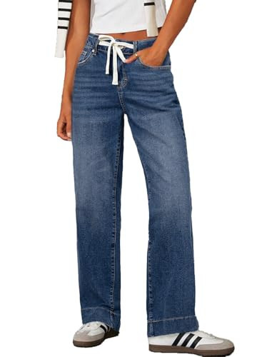 Sidefeel Women's Drawstring Straight Leg Western Outfit High Waisted Wide Leg Denim Pants Dark Blue Size 6 | Amazon (US)