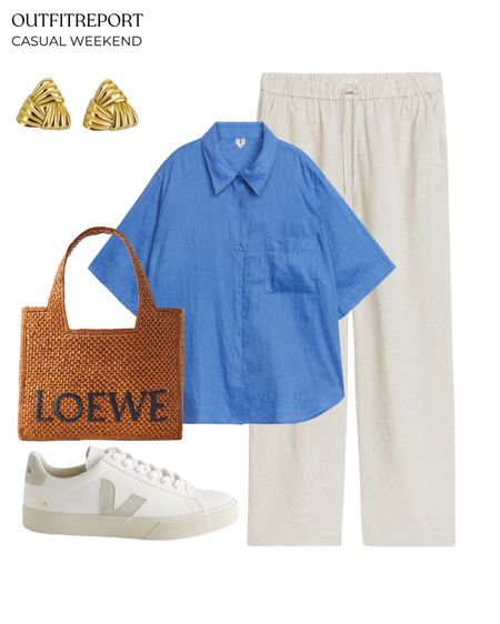 Casual weekend outfit in relaxed trousers resort shirt and veja sneakers and  loewe handbag 

#LTKstyletip #LTKitbag #LTKshoecrush