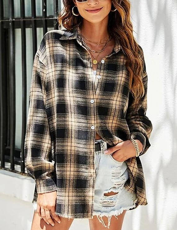 HangNiFang Womens Flannel Plaid Shirts Oversized Button Down Shirts Blouse Tops | Amazon (US)