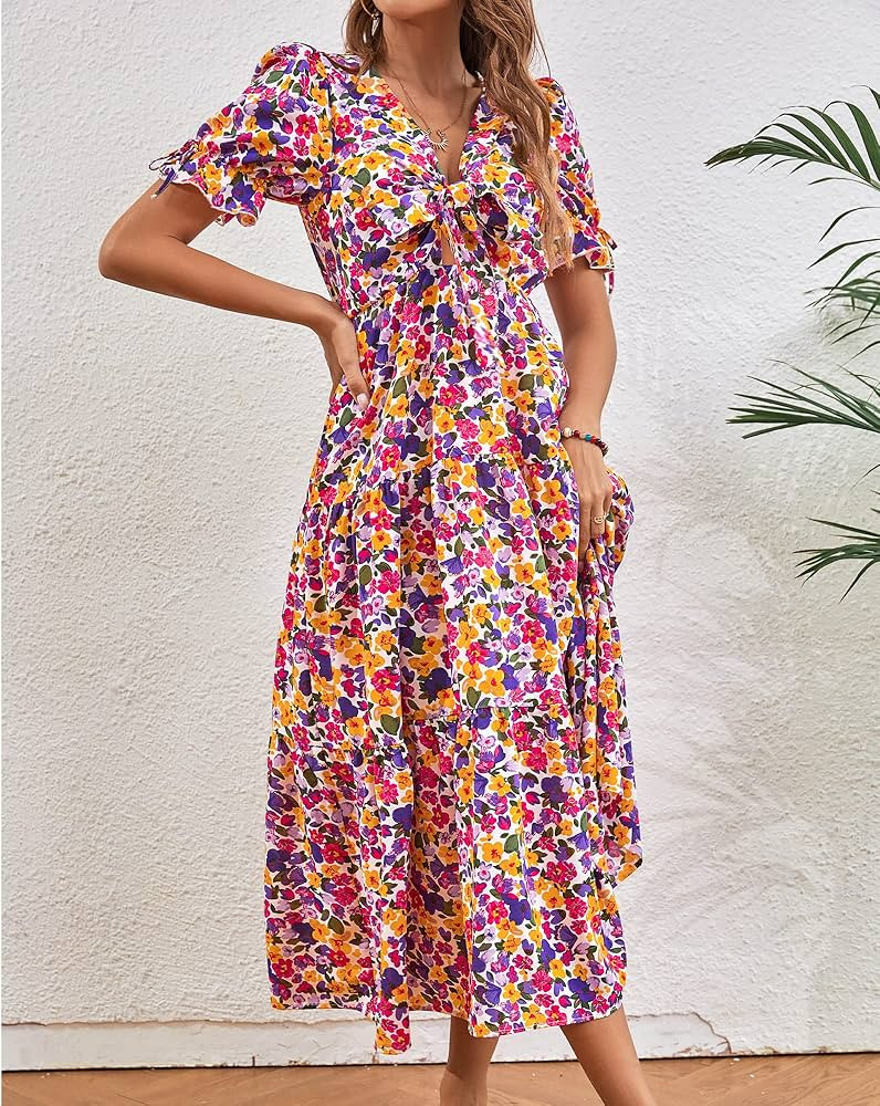 BTFBM Women 2023 Summer Boho Dress Knot Front Deep V Neck Short Sleeve Floral Tiered Casual Party Be | Amazon (US)