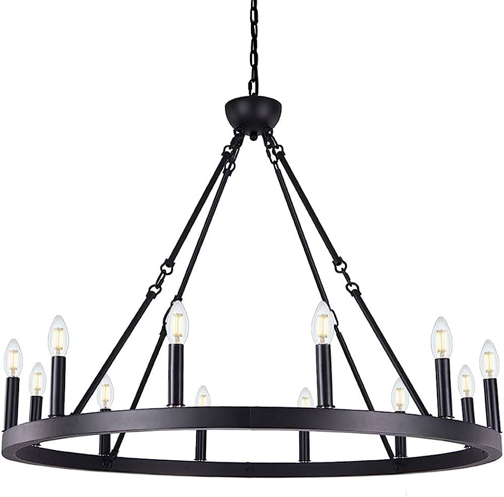 Wellmet 12-Light Black Wagon Wheel Chandelier Diam 38 inch, Farmhouse Industrial Country Style La... | Amazon (US)