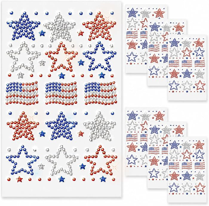 Patriotic Rhinestone Star Stickers, 6 Sheets 4th of July Silver Glitter Bling Sticker Self Adhesi... | Amazon (US)