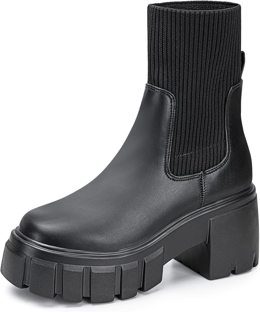 FITORY Women's Ankle Boots Comfy Chelsea Mid Heel Elastic Chunky Heel Lug Sole Booties Size 6-11 | Amazon (US)