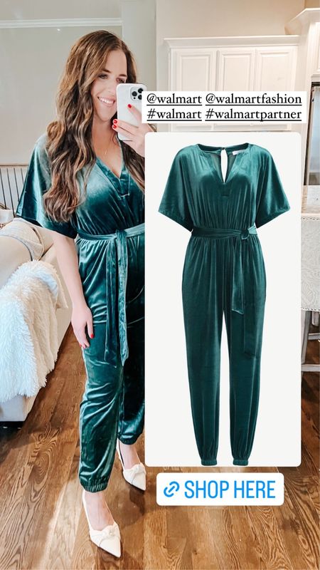 Loving this green jumpsuit a perfect Walmart jumpsuit! Great for holiday parties! 

#LTKSeasonal #LTKunder50 #LTKshoecrush