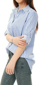 Allegra K Women's Striped Button Down Roll-up Long Sleeves Point Collar Shirt | Amazon (US)