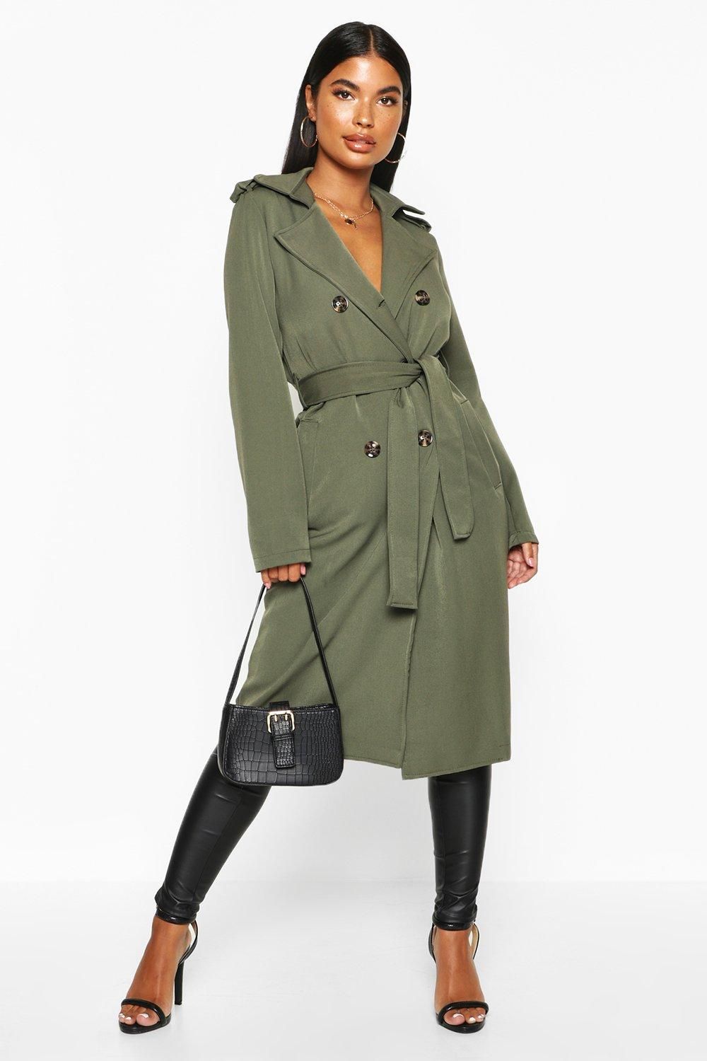 Womens Petite Utility Button Detail Trench Coat - Green - 0 | Boohoo.com (US & CA)
