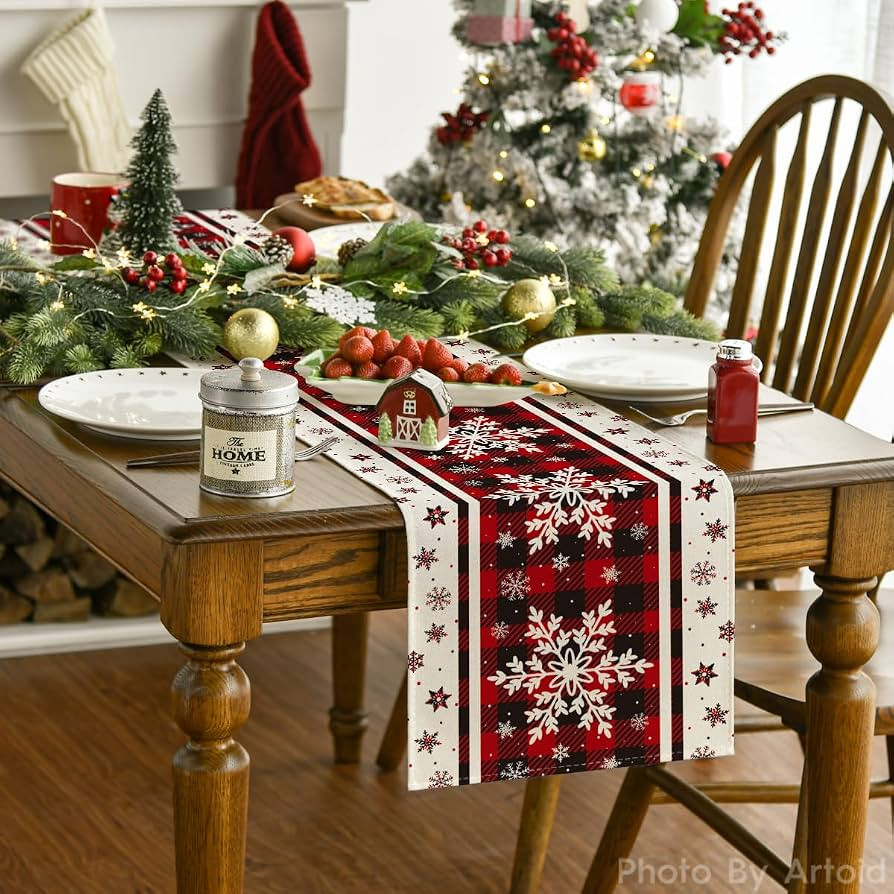 Artoid Mode Buffalo Plaid Snowflakes Christmas Table Runner, Seasonal Winter Kitchen Dining Table... | Amazon (US)