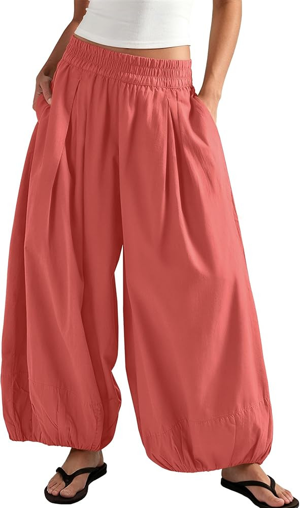 ReachMe Womens Barrel Wide Leg Pants Baggy Flowy Beach Pants Summer Balloon Trousers Travel Vacat... | Amazon (US)