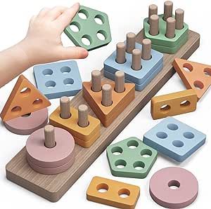 PEBIRA Montessori Toys for 1 2 Year Old, Wooden Sorting and Stacking Toys for Toddl... | Amazon (US)