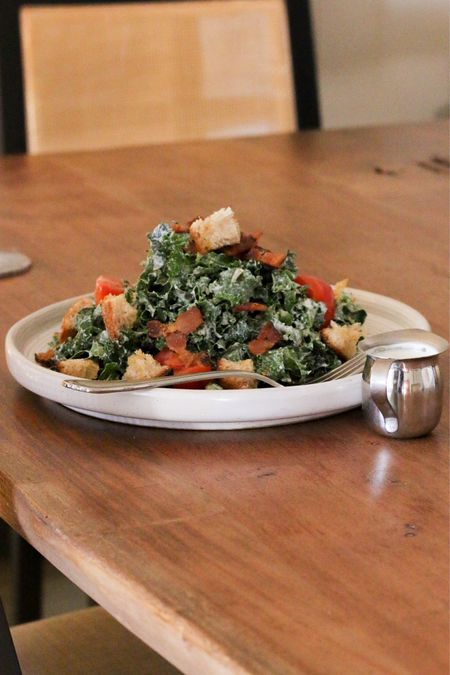 BLT kale salad with semi-homemade ranch: KitchenAid speed hand blender, John Boos & Co. cutting board, Shun Cutlery paring knife, Target oak cane dining chair,  Jerome's Furniture Boulevard live edge acacia dining table (similar) 

#LTKGiftGuide #LTKFind #LTKhome