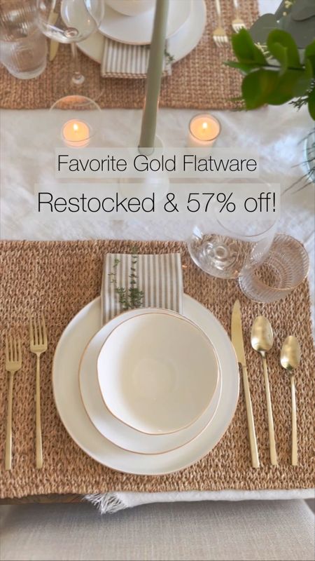 57% off our gold flare ware! We have the champagne satin set and they have held up great in the dishwasher and to daily use. These have been out of stock since Christmas time and are finally back! Table setting, silverware, place setting, tablescape 

#LTKhome #LTKFind #LTKsalealert