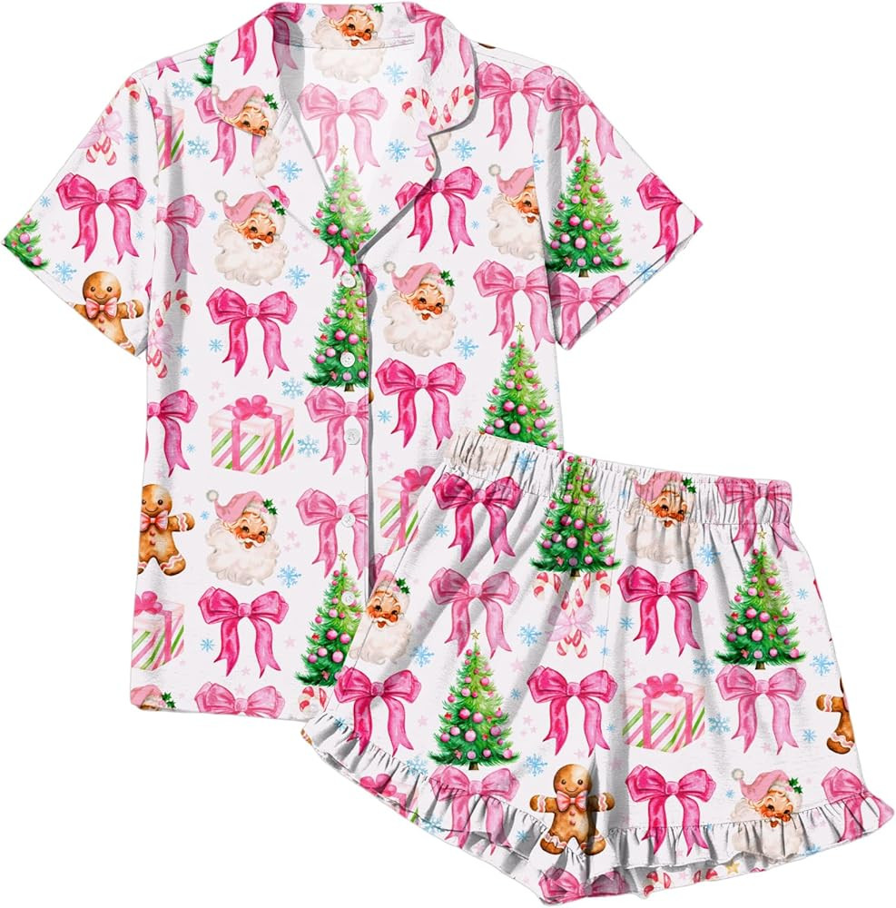 Christmas Pajamas Sets Women Xmas Button Down Pjs Set Silk Holiday Vneck Sleepwear Santa Short Sl... | Amazon (US)