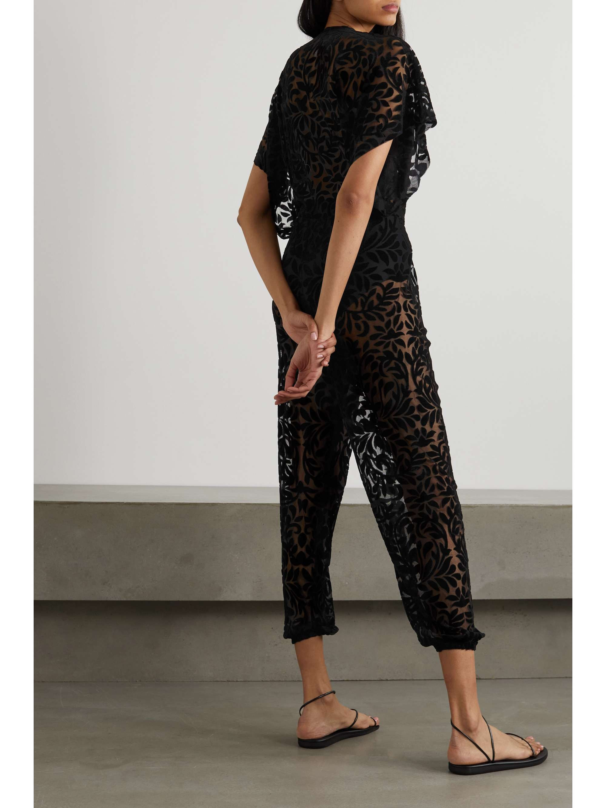 Black Cropped devoré-velvet and tulle jumpsuit | NORMA KAMALI | NET-A-PORTER | NET-A-PORTER (US)