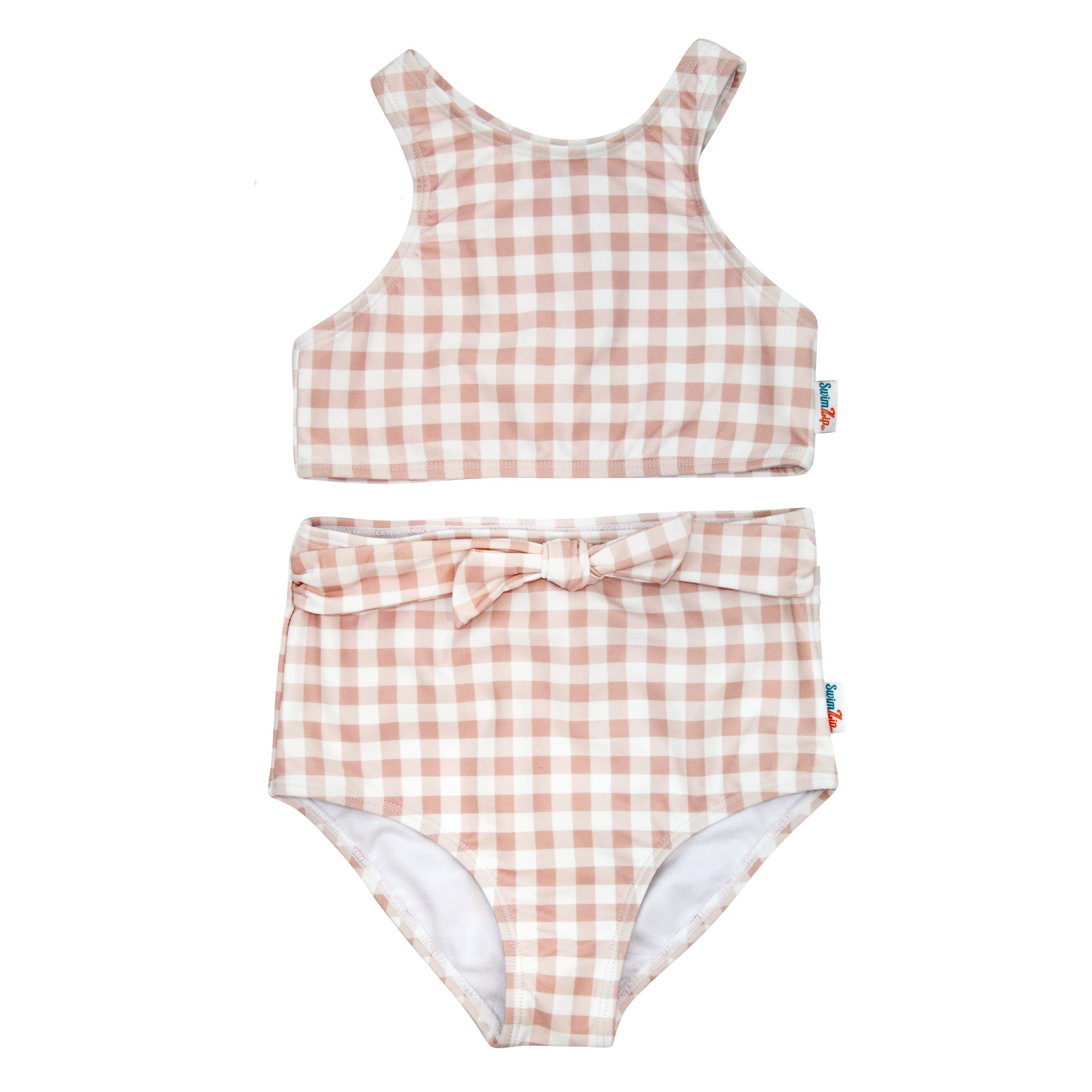 Girls "Tied with a Bow" Halter High Waisted Bikini (2 Piece) | "Pink Gingham" | UPF 50+ Protectio... | SwimZip